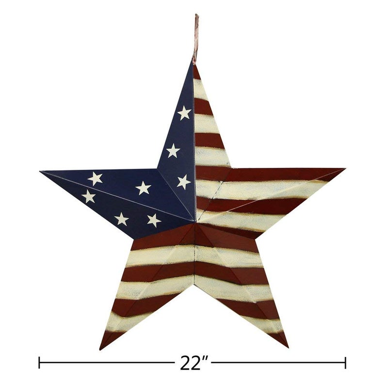 Why Decor Metal Barn Star, Patriotic American Flag Wall Decoration Outdoor Indoor Hanging Wall Art 4th of July Memorial Day Veterans Day Gift for Man Star Ornament Home Decor 22 Inch(D) - Image 2
